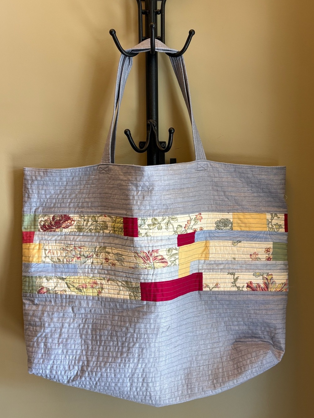 Handmade Large Blue Quilted Tote Bag with Floral Patchwork